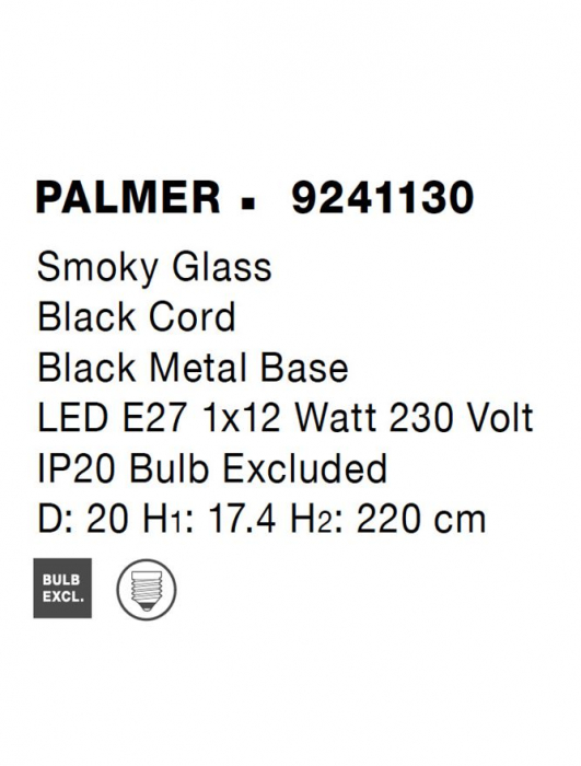 Pendul Nova Luce PALMER E27 1x12W   Smoky Glass & Black Cord & Black Metal Base IP20 [8]