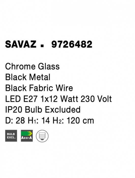 Pendul Nova Luce SAVAZ E27 1x12W   Chrome Glass Black Metal Black Fabric Wire IP20 [7]