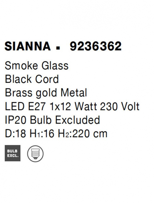 Pendul Nova Luce SIANNA E27 1x12W   Smoke Glass & Black Cord & Brass gold Metal IP20 [7]