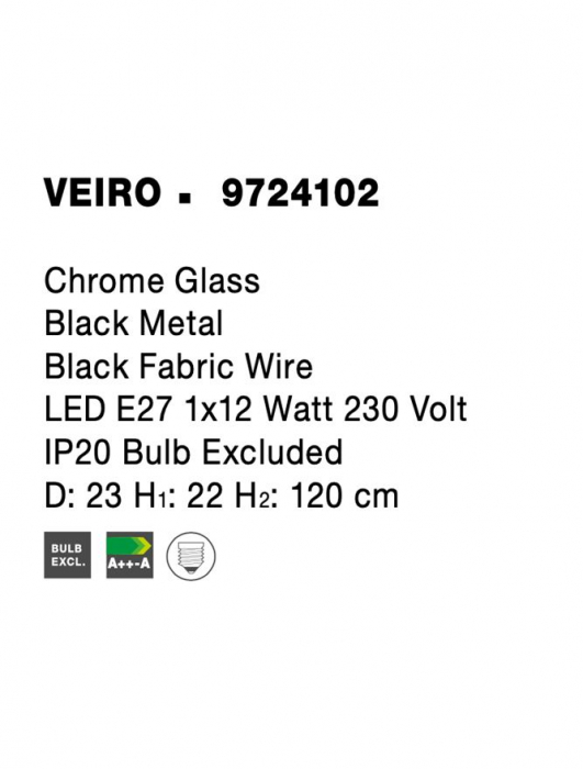 Pendul Nova Luce VEIRO E27 1x12W   Chrome Glass Black Metal Black Fabric Wire IP20 [6]
