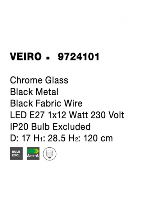 Pendul Nova Luce VEIRO E27 1x12W   Chrome Glass Black Metal Black Fabric Wire IP20 [7]