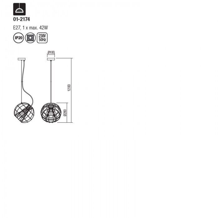 Pendul Smarter Gallileo 01-2174 E27 1x60W   Metal Negru mat IP20 [2]