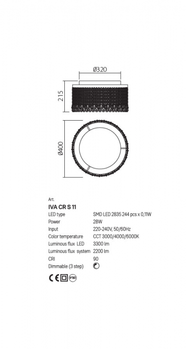 Plafonieră Incanti Vanesia LED 28W 3000K, 4000K, 6000K 2200lm 3Step Dimming Aluminiu  auriu periat, decorațiuni din cristal IP20 [2]