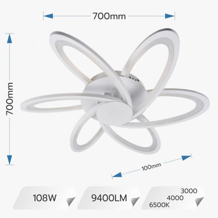 PLAFONIERA LED FLOWER 108W CU 6 BRATE 3 CULORI 3000K 4000K 6500K + IR 700X700X100MM [2]