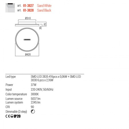 Plafoniera Redo Button, negru mat, LED, 37W, 2245 lumeni, alb cald 3000K, D.42 cm, 01-3828 [2]