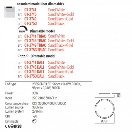 Plafoniera Redo Dama, negru/auriu, LED CCT, 30W, 2796 lumeni, 3000K/4000K/5000K, D.35 cm, 01-3749 [2]