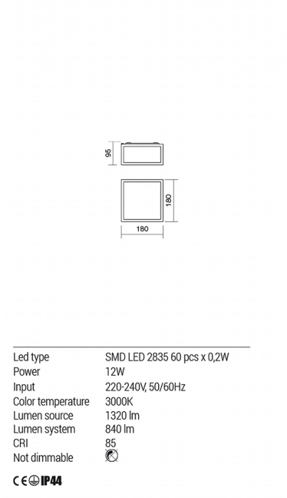 Plafoniera REDO Ego 01-1236 SMD LED 12W 3000K 840lm 180x180 IP44 Nedimabil Crom White [2]