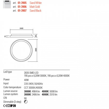Plafoniera Redo Iconic, negru mat, LED CCT, 40W, 2510 lumeni, 3000K/4000K, D.48 cm, 01-3907 [2]
