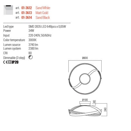 Plafoniera Redo Impuls, alb mat, LED, 34W, 2380 lumeni, alb cald 3000K, D.60 cm, 01-3612 [2]