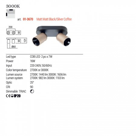 Plafoniera Redo Kobe, negru/silver coffee, LED, 16W, 1103 lumeni, alb cald 3000K, L.20 cm, 01-3670 [2]