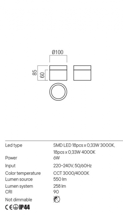 Plafoniera REDO NAIDA 01-3359 LED 6W 3000K/4000K 258lm Nedimabil Metal Negru Mat IP44 [2]