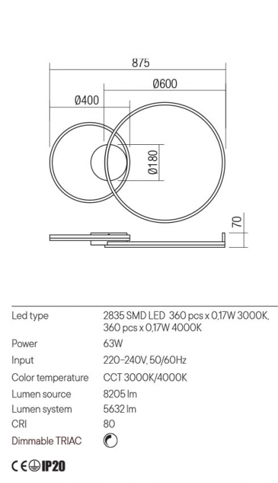 Plafoniera REDO ORBIT 01-3305 LED 63W 3000K/4000K 5632lm Dimabil TRIAC Aluminiu Alb Mat IP20 [2]