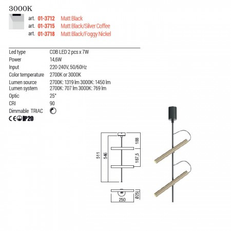Plafoniera Redo Praxi, negru/foggy nickel, LED, 15W, 769 lumeni, alb cald 3000K, H.51 cm, 01-3718 [2]
