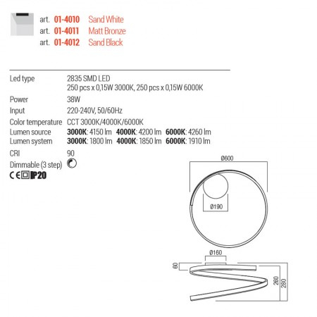 Plafoniera Redo Scroll, negru mat, LED, 38W, 1910 lumeni, 3000K/4000K/6000K, D.60 cm, 01-4012 [2]