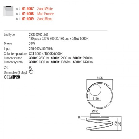 Plafoniera Redo Scroll, alb mat, LED, 27W, 1420 lumeni, 3000K/4000K/6000K, D.40 cm, 01-4007 [2]