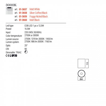 Plafoniera Redo Takto, negru mat, LED, 15.5W, 1160 lumeni, alb cald 3000K, D.9 cm, 01-3660 [2]