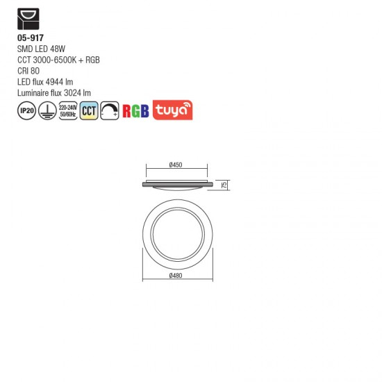 Plafoniera Smarter Andes, alb mat, telecomanda, LED, TUYA APP, 48W, CCT+RGB, 3024 lumeni, 05-917 [3]