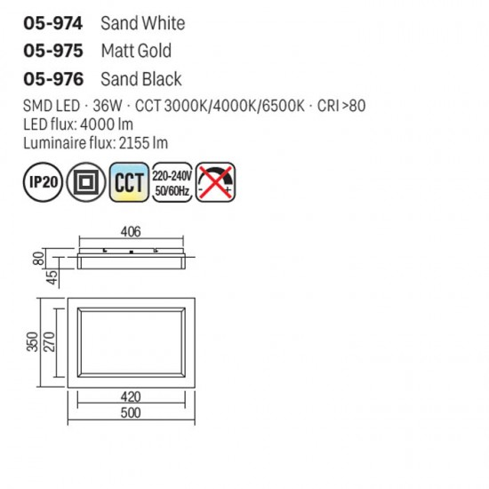 Plafoniera Smarter Perimetro, negru mat, LED CCT, 36W, 3000K-4000K-6500K, 2155 lumeni, L.50 cm, 05-976 [2]