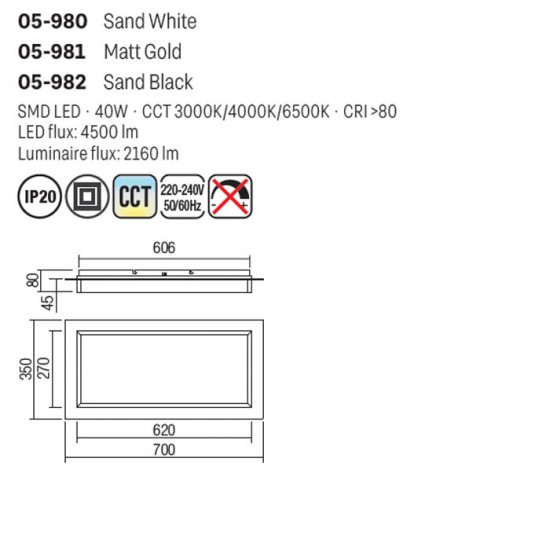 Plafoniera Smarter Perimetro, alb mat, LED CCT, 40W, 3000K-4000K-6500K, 2160 lumeni, L.70 cm, 05-980 [2]