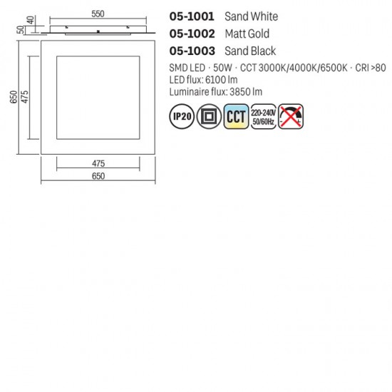 Plafoniera Smarter Tatami, alb mat, LED CCT, 50W, 3850 lumeni, 3000K/4000K/6500K, L.65 cm, 05-1001 [2]