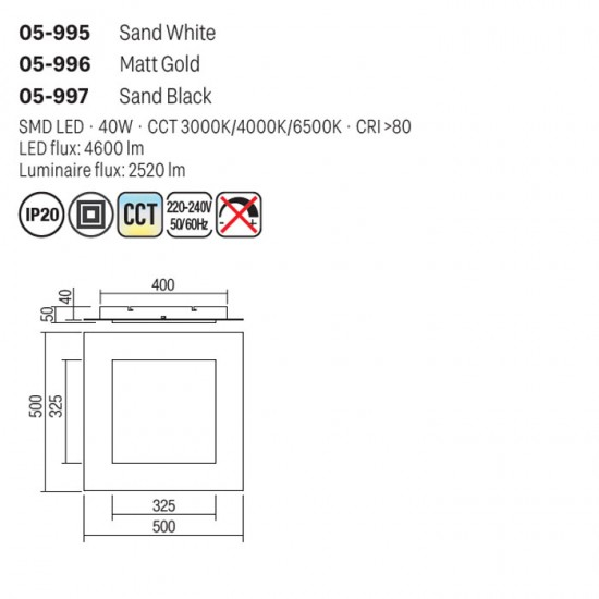 Plafoniera Smarter Tatami, auriu mat, LED CCT, 40W, 2520 lumeni, 3000K/4000K/6500K, L.50 cm, 05-996 [3]