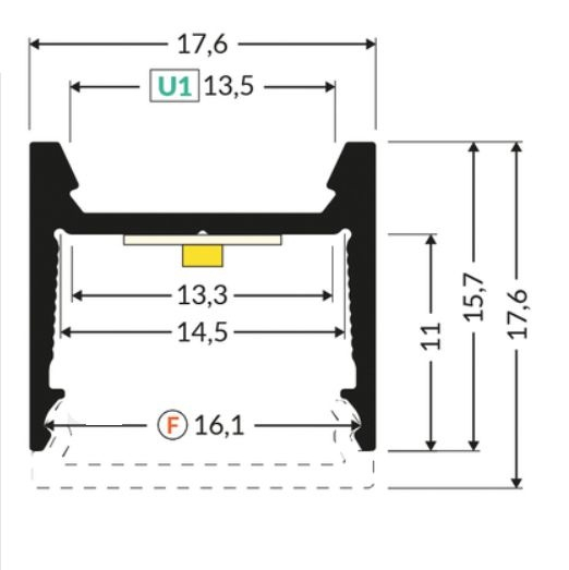 Profil aluminiu aparent HOOD14, aluminiu neanodizat, lungime 2m, 17,6mm x 17,6 mm + Dispersor alb mat click [2]