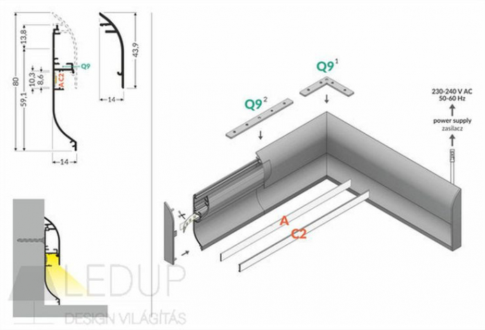 Profil aluminiu plintă Skirt10, alb, lungime 2m, 80mm x 14mm + Dispersor alb mat click [4]