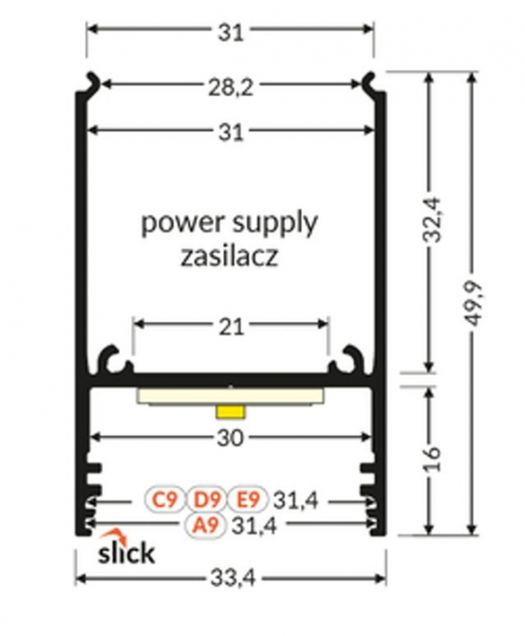 Profil LED aparent COMBO30-01, aluminiu neanodizat, lungime 2m, 31mm x 49,9mm + Dispersor alb semirotund click [2]
