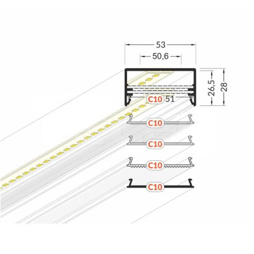 Profil LED aparent LOWI C10, aluminiu neanodizat, lungime 2m, 53mm x 28mm + Dispersor alb mat click [2]