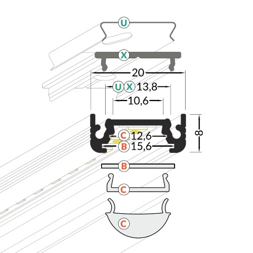 Profil LED aparent SURFACE 10, aluminiu anodizat, lungime 2m, 20mm x 8mm + Dispersor alb mat click [3]