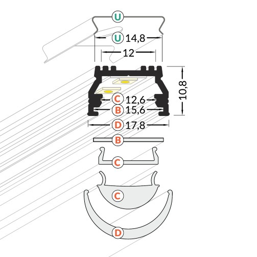 Profil LED aparent UNI 12, alb, lungime 2m, 17,8mm x 10,8mm + Dispersor alb mat click [3]