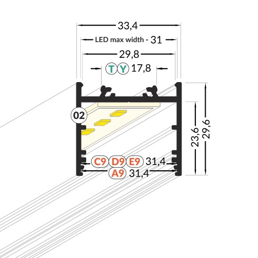 Profil LED aparent VARIO 30-02, negru, lungime 2m, 33,4mm x 29,6mm + Dispersor alb mat click [3]