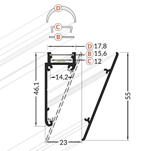 Profil LED aparent WALLE 12, Aluminiu anodizat, lungime 2m, 23mm x 55mm + Dispersor alb mat click [3]