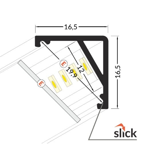Profil LED de colț CABI 12, aluminiu neanodizat, lungime 2m, 16,5mm x 16,5mm + Dispersor alb semirotund click [3]