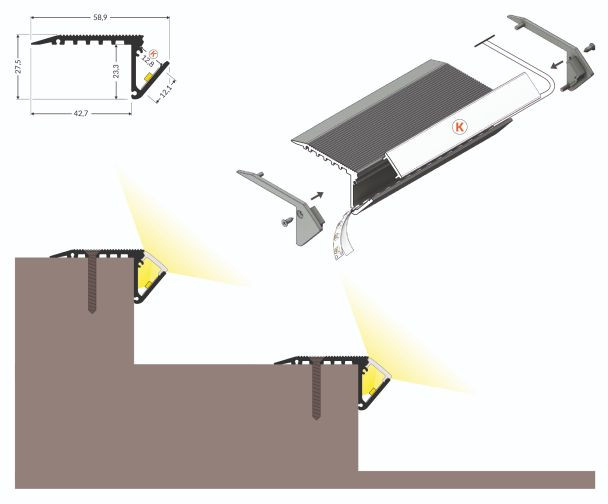 Profil LED de trepte UP-BOLD12, negru, lungime 2m, 58,9mm x 27,5mm + Dispersor alb mat [4]