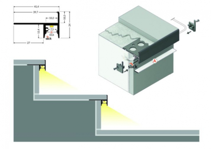 Profil LED de trepte UP-TILE10, aluminiu anodizat, lungime 2m, 41,4mm x 24mm + Dispersor alb mat [3]