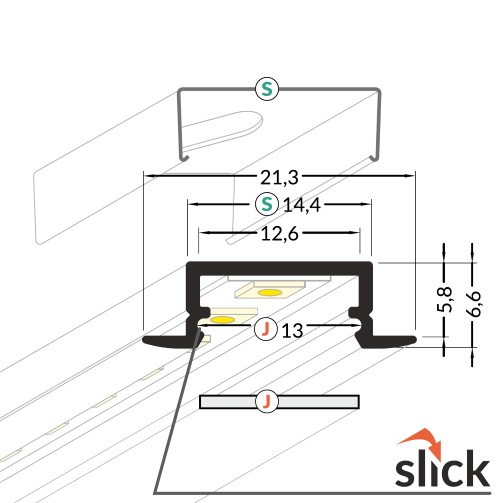 Profil LED încastrat BEGTIN 12, alb, lungime 2m, 21,3mm x 6,6mm + Dispersor alb mat click [3]