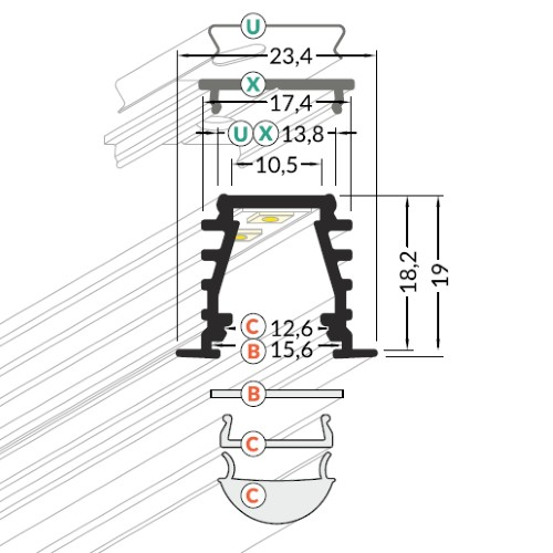 Profil LED încastrat DEEP 10, aluminiu neanodizat, lungime 2m, 19mm x 23,4mm + Dispersor alb mat click [3]