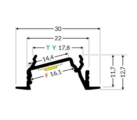 Profil LED încastrat DIAGONAL 14, aluminiu neanodizat, lungime 2m, 30mm x 12,7mm + Dispersor alb mat click [3]