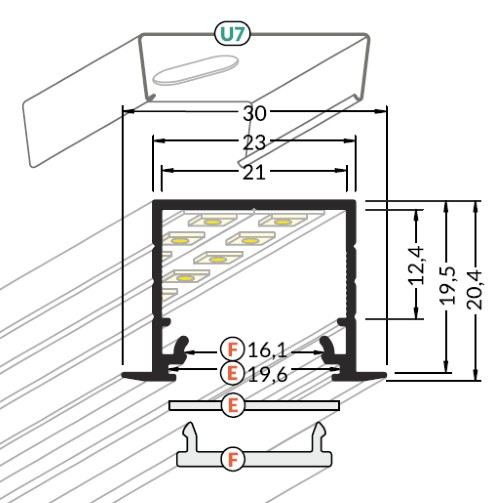 Profil LED încastrat LINEA IN 20, aluminiu neanodizat, lungime 2m, 30mm x 20,4mm + Dispersor alb mat click [3]