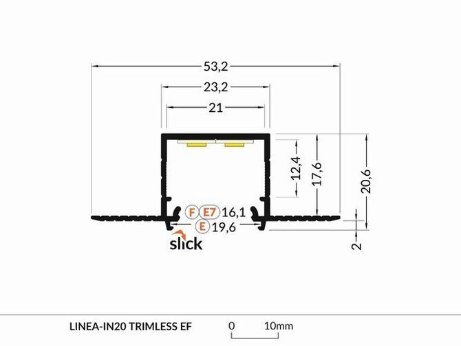 Profil LED încastrat LINEA-IN20 Trimless, aluminiu anodizat, lungime 2m, 53,2mm x 20,6mm + Dispersor alb mat click [2]