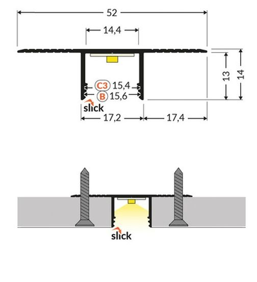 Profil LED încastrat PLANE14 IN, alb, lungime 2m, 52mm x 14mm + Dispersor alb mat click [4]