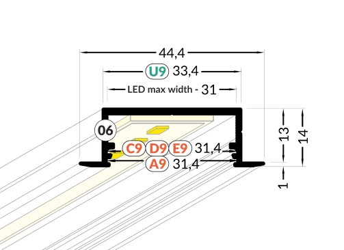 Profil LED încastrat VARIO 30-06, aluminiu anodizat, lungime 2m, 44,4mm x 14mm+ Dispersor alb mat click [3]
