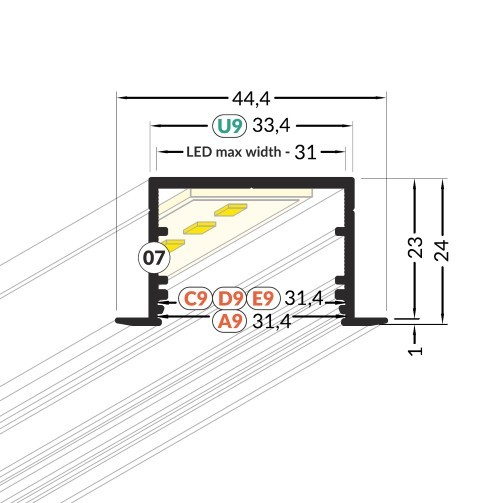Profil LED încastrat VARIO 30-07, alb, lungime 2m, 44,4mm x 24mm  +Dispersor alb mat click [3]