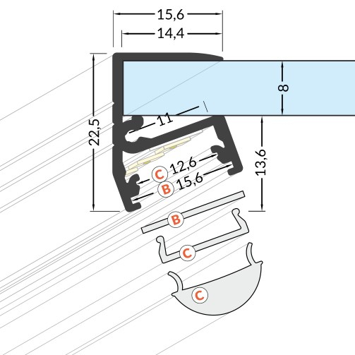 Profil LED pentru sticlă EDGE 10, aluminiu neanodizat, lungime 2m, 22,5mm x 15,6mm  [3]