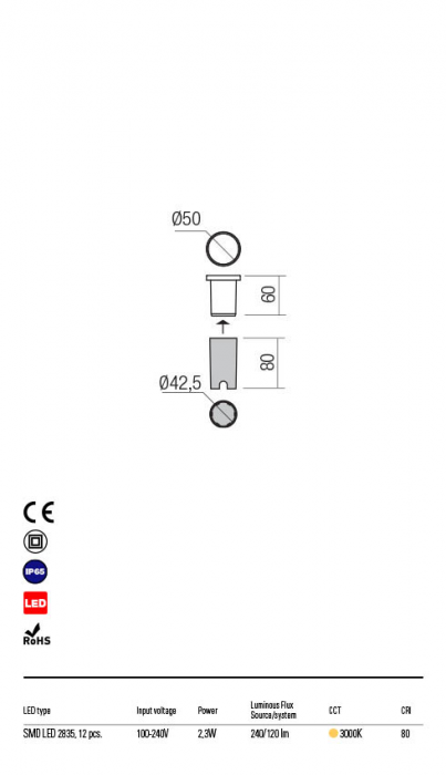 R90044 Spot de incastrat  XPI LED 3W 120lm 3000K IP65 Aluminiu turnat  CRI 80 [2]