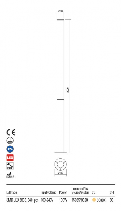R90278 Stalp REDO HINT LED 100W 8320lm 3000K IP54 Aluminiu turnat DARK GREY CRI 80 [2]