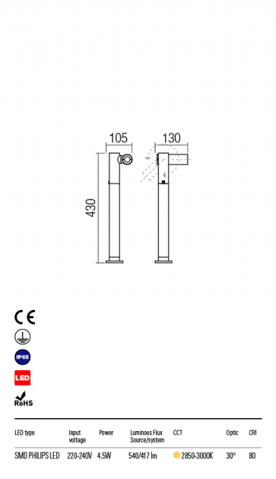 R9579 Stalpisor REDO OBLIK LED 1 x 5W 417lm 2850-3000K IP65 Aluminiu turnat DARK GREY CRI 80 [2]