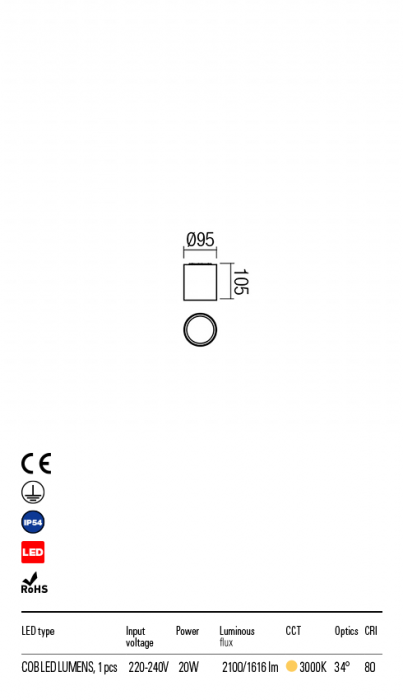 R9582 Plafoniera REDO XIA LED 20W 1616lm 3000K IP54 Aluminiu turnat white CRI 80 [2]
