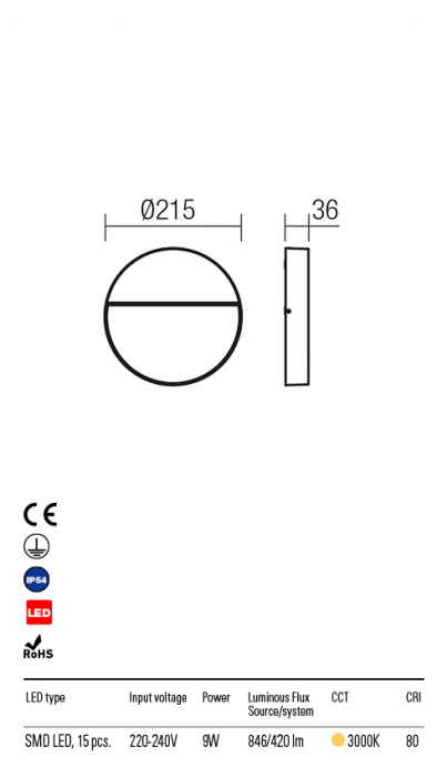 R9624 Aplica  EVEN LED 9W 420lm 3000K IP54 Aluminiu turnat DARK GREY CRI 80 [2]